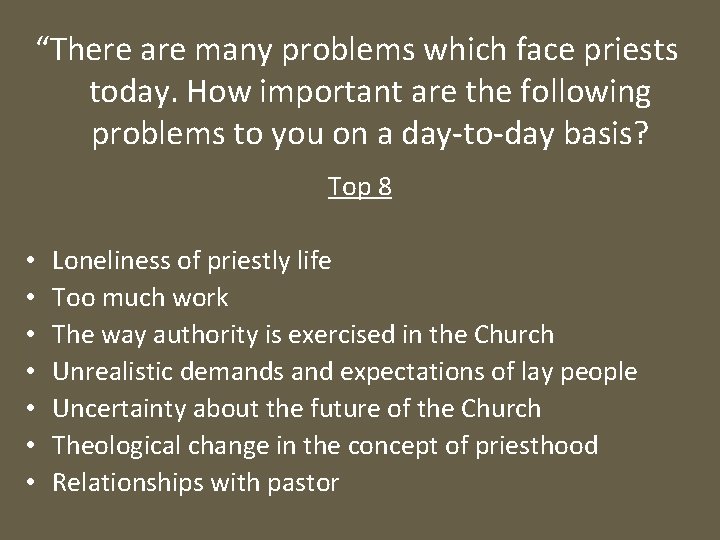 “There are many problems which face priests today. How important are the following problems