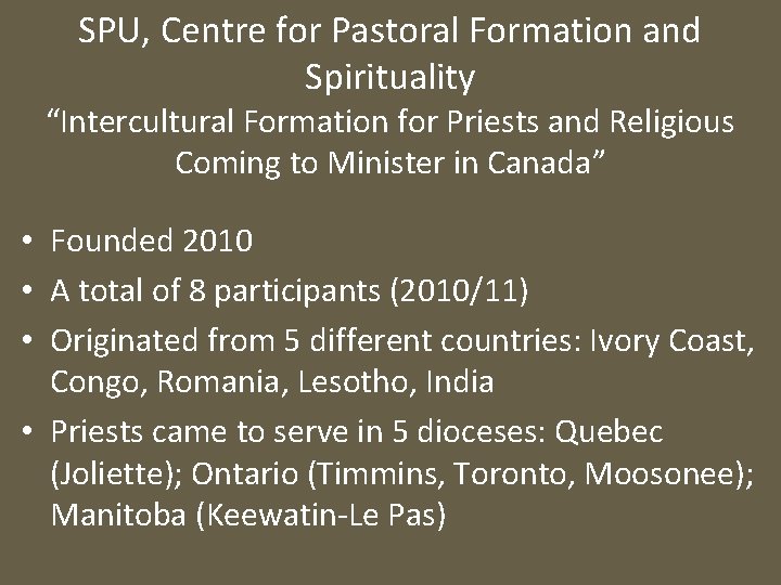 SPU, Centre for Pastoral Formation and Spirituality “Intercultural Formation for Priests and Religious Coming