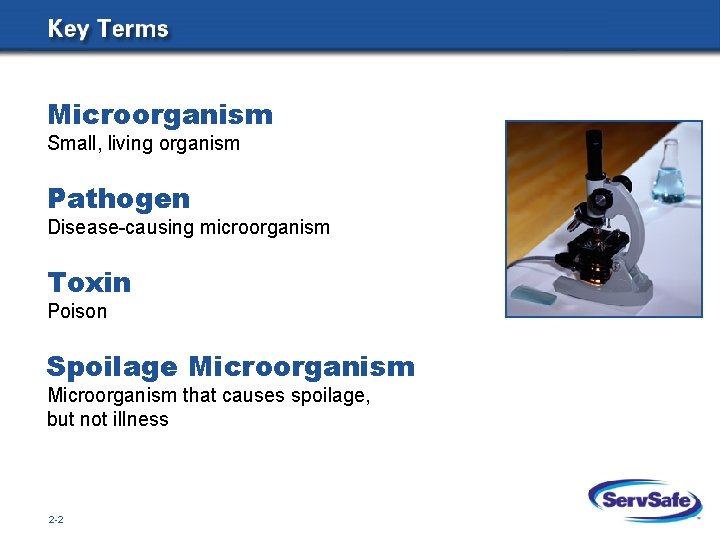  Microorganism Small, living organism Pathogen Disease-causing microorganism Toxin Poison Spoilage Microorganism that causes