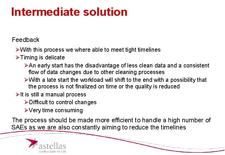 Intermediate solution Feedback ØWith this process we where able to meet tight timelines ØTiming Intermediate solution Feedback ØWith this process we where able to meet tight timelines ØTiming
