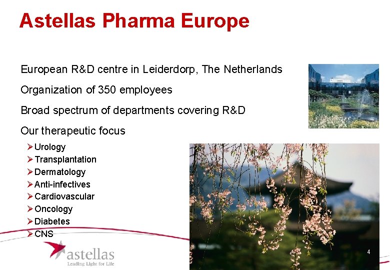 Astellas Pharma European R&D centre in Leiderdorp, The Netherlands Organization of 350 employees Broad Astellas Pharma European R&D centre in Leiderdorp, The Netherlands Organization of 350 employees Broad