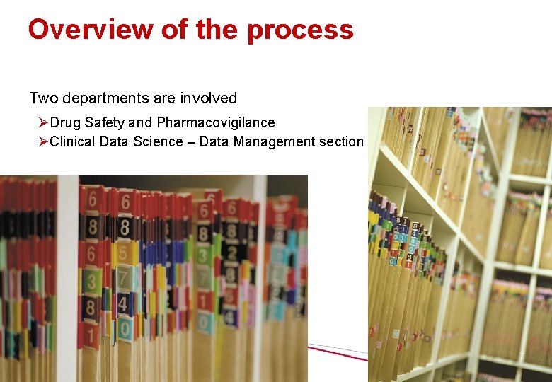 Overview of the process Two departments are involved ØDrug Safety and Pharmacovigilance ØClinical Data Overview of the process Two departments are involved ØDrug Safety and Pharmacovigilance ØClinical Data
