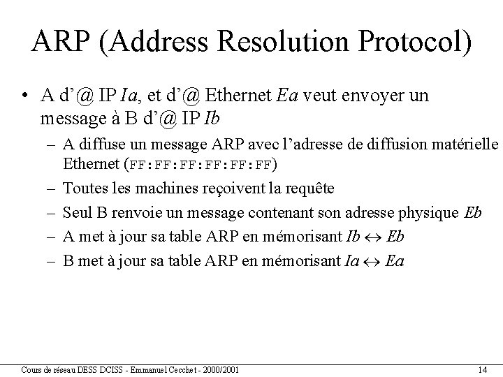 ARP (Address Resolution Protocol) • A d’@ IP Ia, et d’@ Ethernet Ea veut