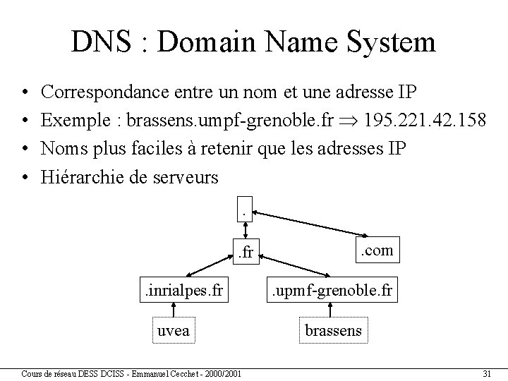 DNS : Domain Name System • • Correspondance entre un nom et une adresse