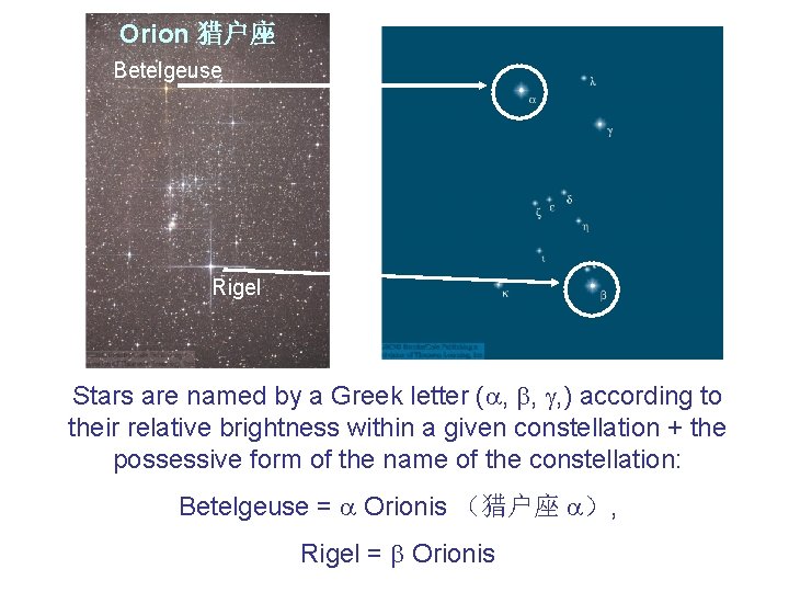 Orion 猎户座 Betelgeuse Rigel Stars are named by a Greek letter ( , ,