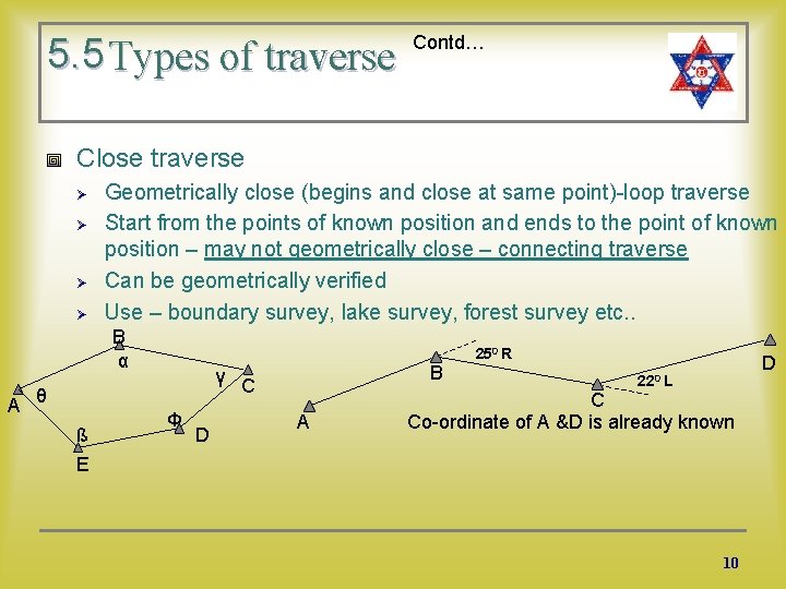 5. 5 Types of traverse Contd… Close traverse Ø Ø Geometrically close (begins and