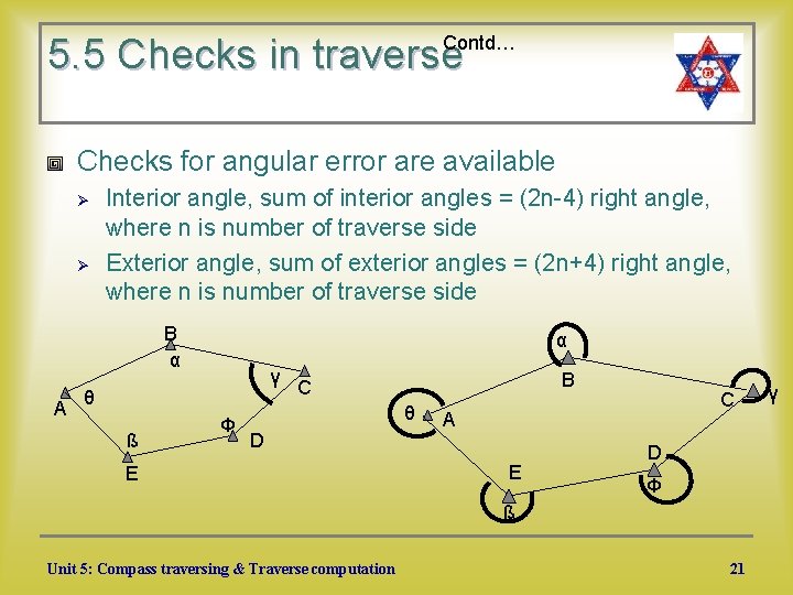 5. 5 Checks in traverse Contd… Checks for angular error are available Ø Ø