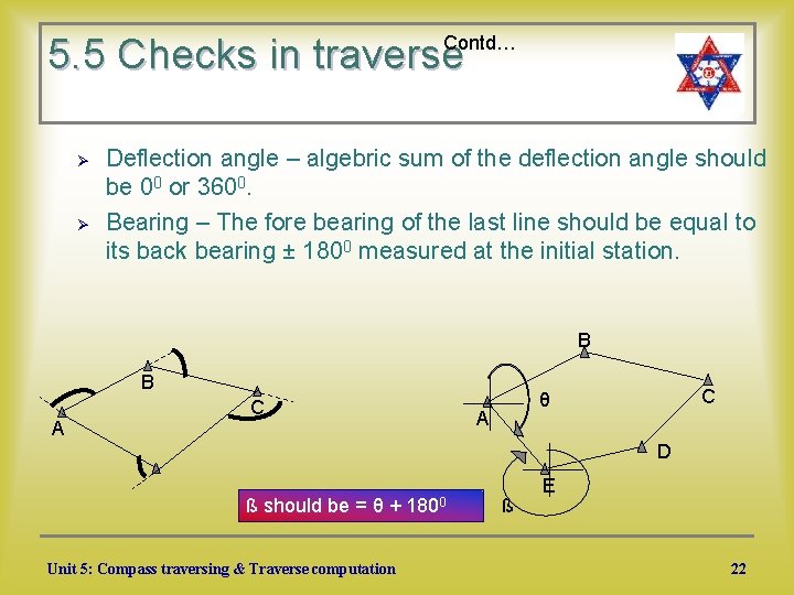 5. 5 Checks in traverse Contd… Ø Ø Deflection angle – algebric sum of