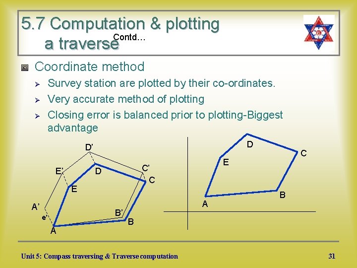 5. 7 Computation & plotting Contd… a traverse Coordinate method Survey station are plotted