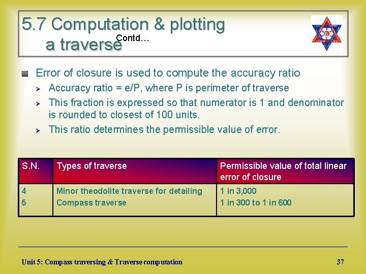 5. 7 Computation & plotting Contd… a traverse Error of closure is used to
