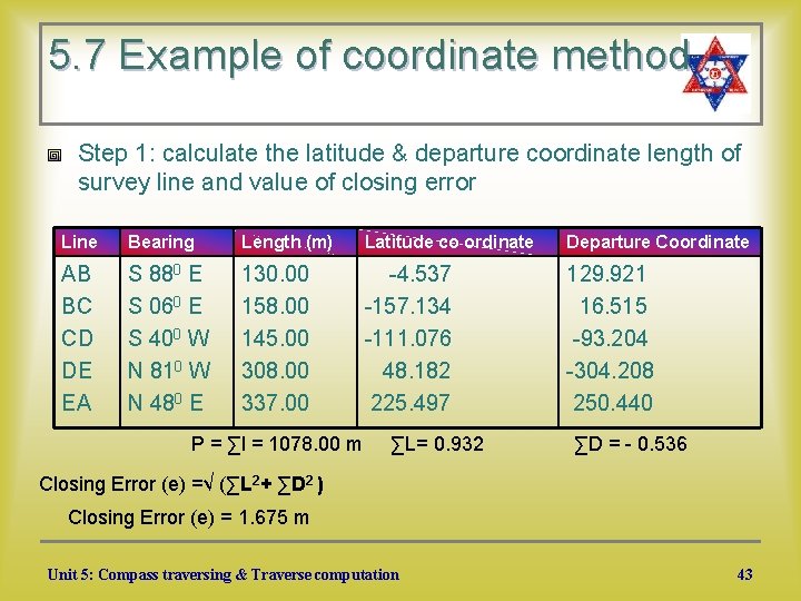 5. 7 Example of coordinate method Step 1: calculate the latitude & departure coordinate
