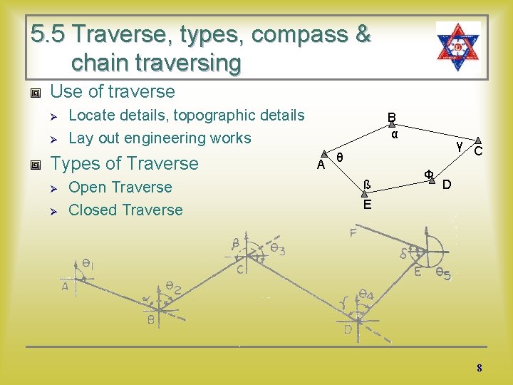 5. 5 Traverse, types, compass & chain traversing Use of traverse Ø Ø Locate