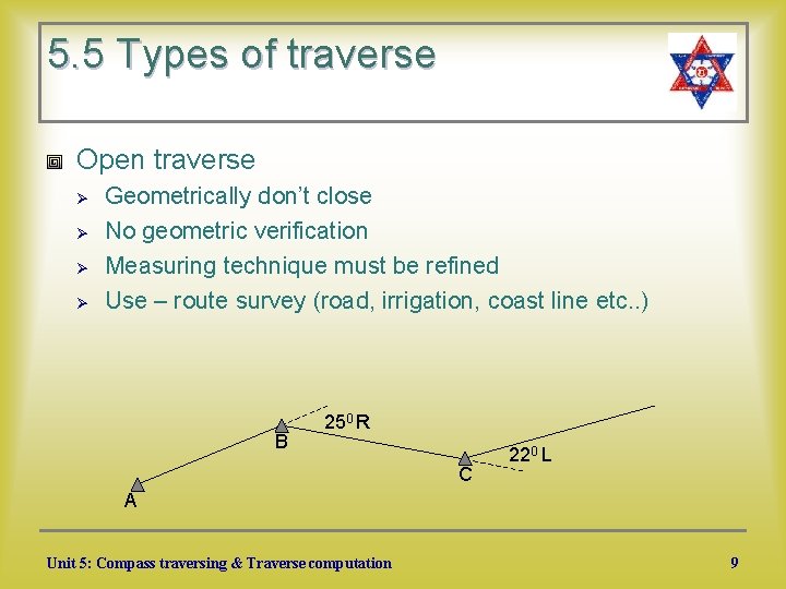 5. 5 Types of traverse Open traverse Ø Ø Geometrically don’t close No geometric