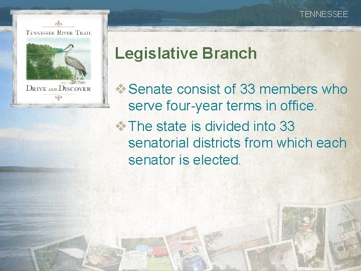 TENNESSEE Legislative Branch v Senate consist of 33 members who serve four-year terms in