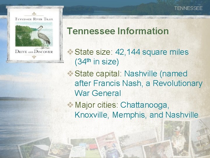 TENNESSEE Tennessee Information v State size: 42, 144 square miles (34 th in size)