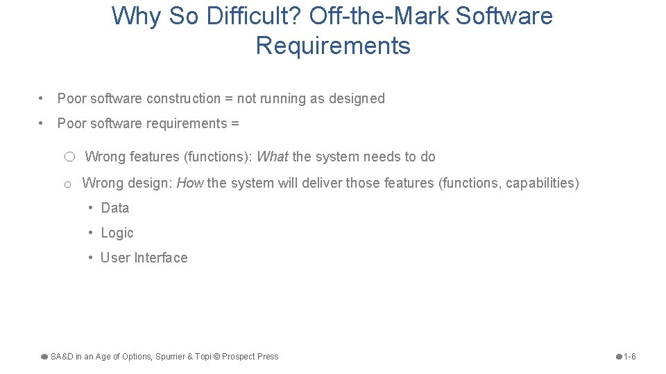 Why So Difficult? Off-the-Mark Software Requirements • Poor software construction = not running as
