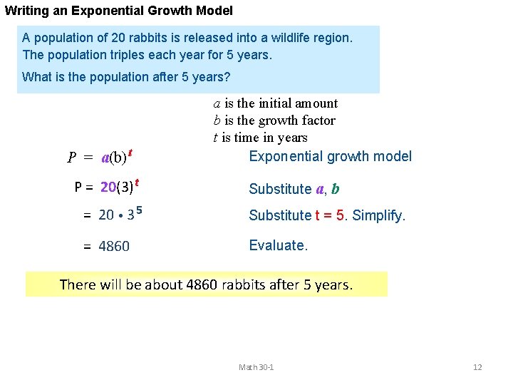 Writing an Exponential Growth Model A population of 20 rabbits is released into a