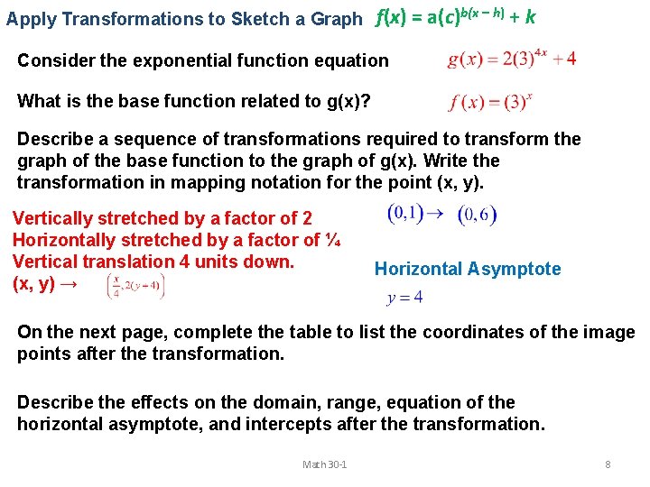 Apply Transformations to Sketch a Graph f(x) = a(c)b(x – h) + k Consider