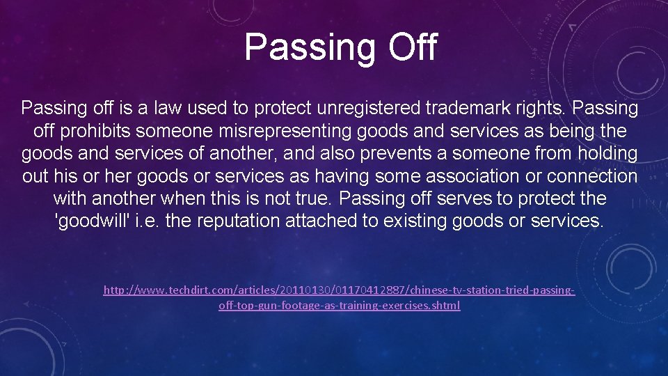 Passing Off Passing off is a law used to protect unregistered trademark rights. Passing