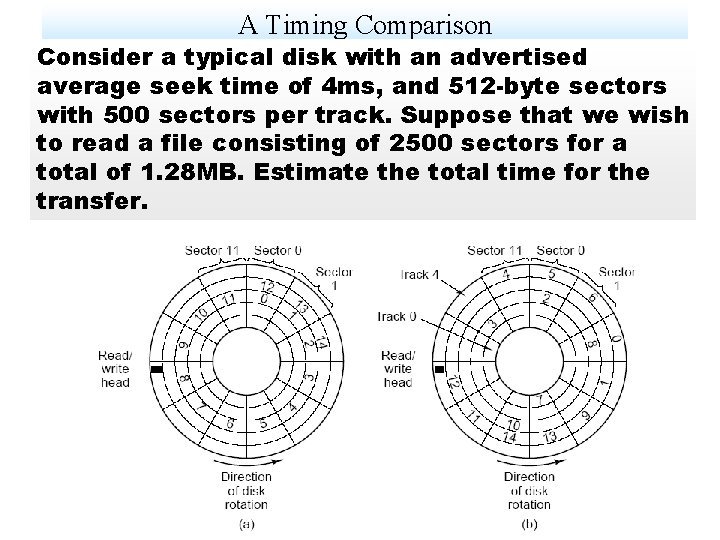 A Timing Comparison Consider a typical disk with an advertised average seek time of
