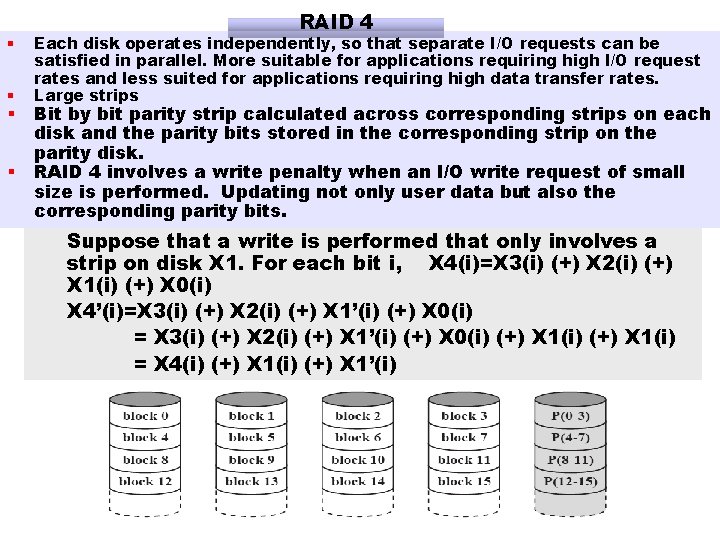 § § RAID 4 Each disk operates independently, so that separate I/O requests can