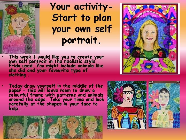 Your activity. Start to plan your own self portrait. • This week I would