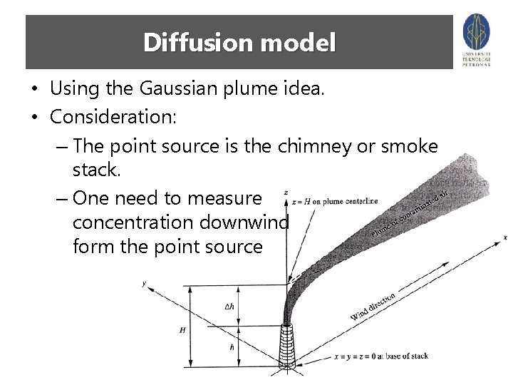 Diffusion model • Using the Gaussian plume idea. • Consideration: – The point source