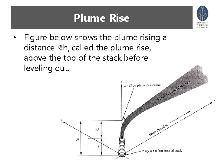 Plume Rise • Figure below shows the plume rising a distance h, called the