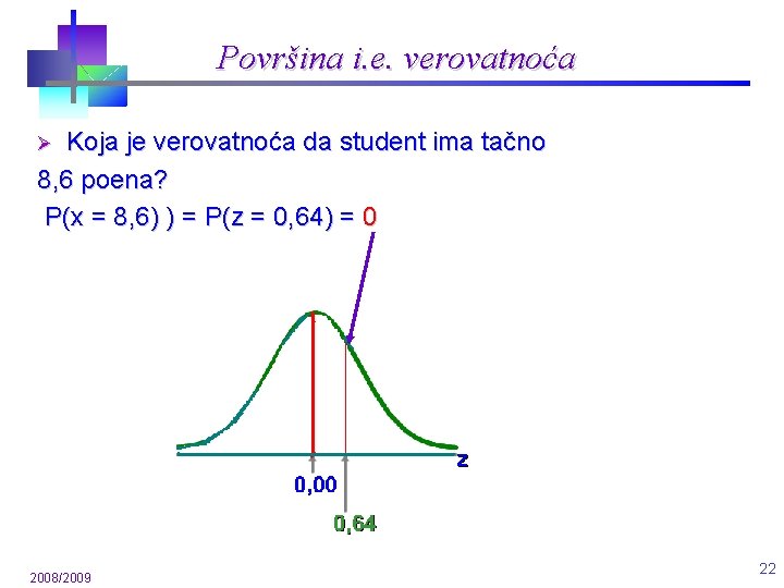 Površina i. e. verovatnoća Koja je verovatnoća da student ima tačno 8, 6 poena? Površina i. e. verovatnoća Koja je verovatnoća da student ima tačno 8, 6 poena?