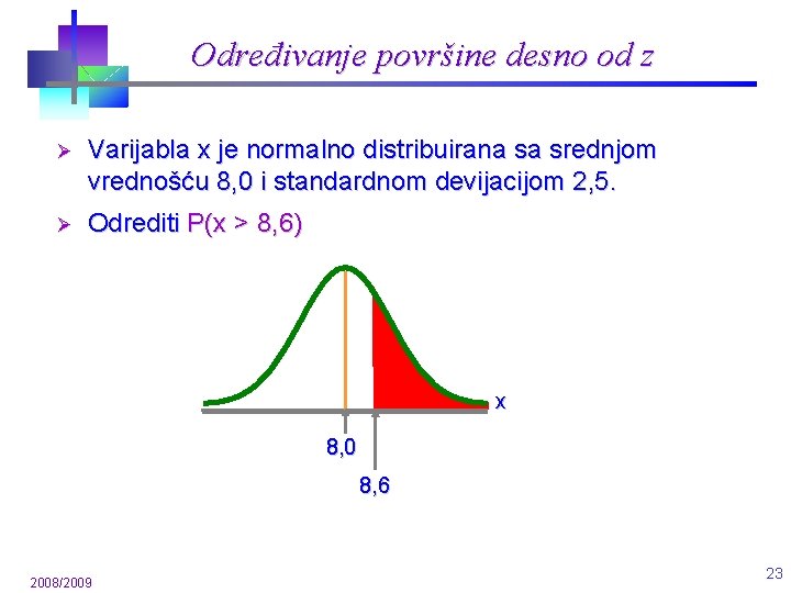 Određivanje površine desno od z Ø Varijabla x je normalno distribuirana sa srednjom vrednošću Određivanje površine desno od z Ø Varijabla x je normalno distribuirana sa srednjom vrednošću