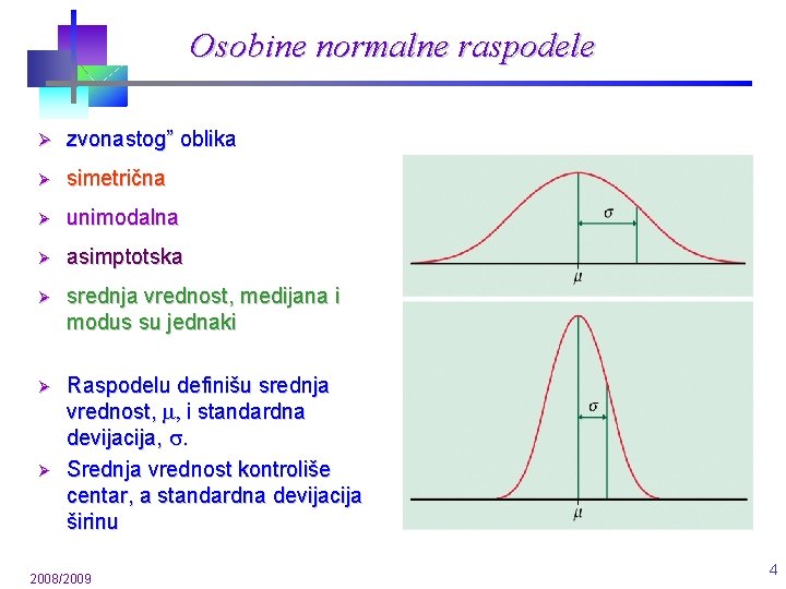 Osobine normalne raspodele Ø zvonastog” oblika Ø simetrična Ø unimodalna Ø asimptotska Ø srednja Osobine normalne raspodele Ø zvonastog” oblika Ø simetrična Ø unimodalna Ø asimptotska Ø srednja