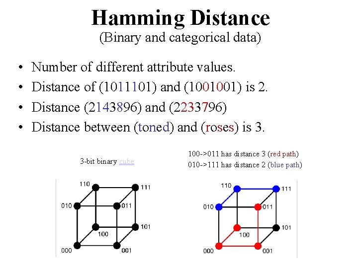 Hamming Distance (Binary and categorical data) • • Number of different attribute values. Distance