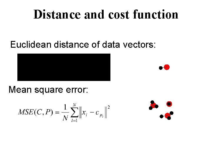 Distance and cost function Euclidean distance of data vectors: Mean square error: 