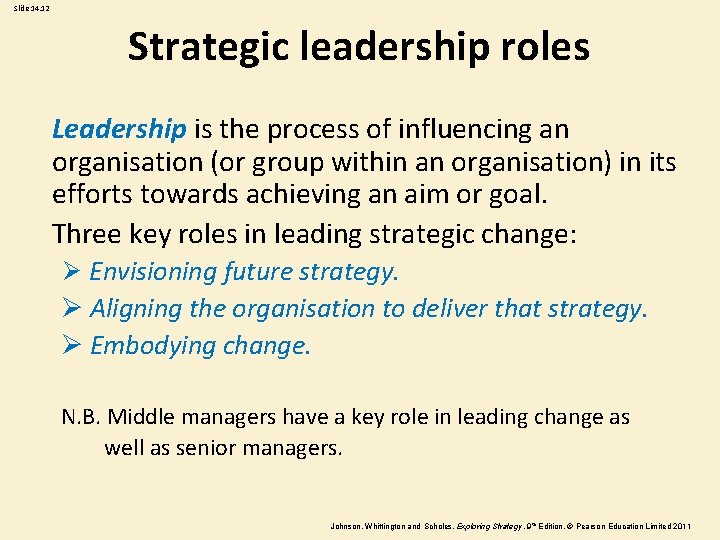 Slide 14. 12 Strategic leadership roles Leadership is the process of influencing an organisation