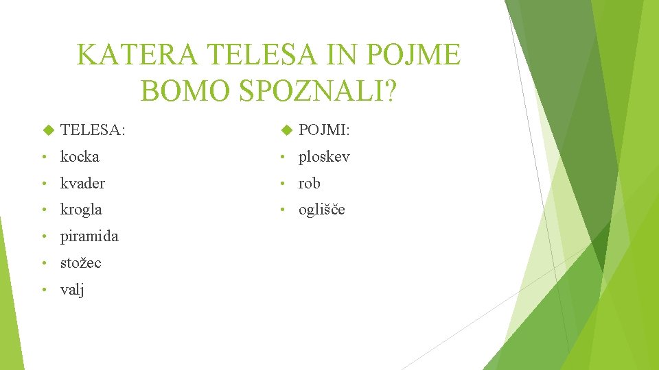 KATERA TELESA IN POJME BOMO SPOZNALI? TELESA: POJMI: • kocka • ploskev • kvader