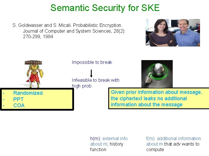 Semantic Security for SKE S. Goldwasser and S. Micali. Probabilistic Encryption. Journal of Computer