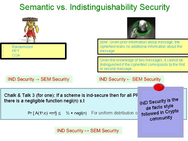 Semantic vs. Indistinguishability Security - SEM: Given prior information about message, the ciphertext leaks