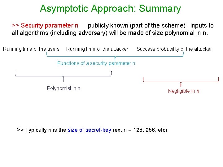 Asymptotic Approach: Summary >> Security parameter n --- publicly known (part of the scheme)