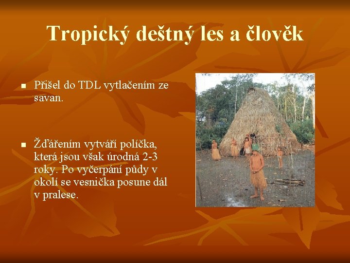 Tropický deštný les a člověk n n Přišel do TDL vytlačením ze savan. Žďářením