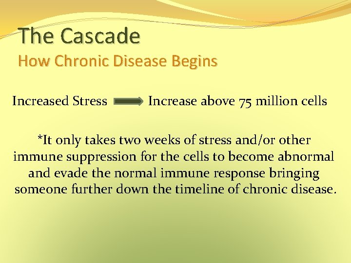 The Cascade How Chronic Disease Begins Increased Stress Increase above 75 million cells *It The Cascade How Chronic Disease Begins Increased Stress Increase above 75 million cells *It