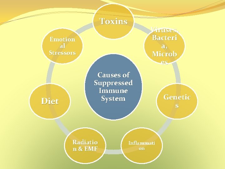 Toxins Viruses, Bacteri a, Microb es Emotion al Stressors Diet Causes of Suppressed Immune Toxins Viruses, Bacteri a, Microb es Emotion al Stressors Diet Causes of Suppressed Immune