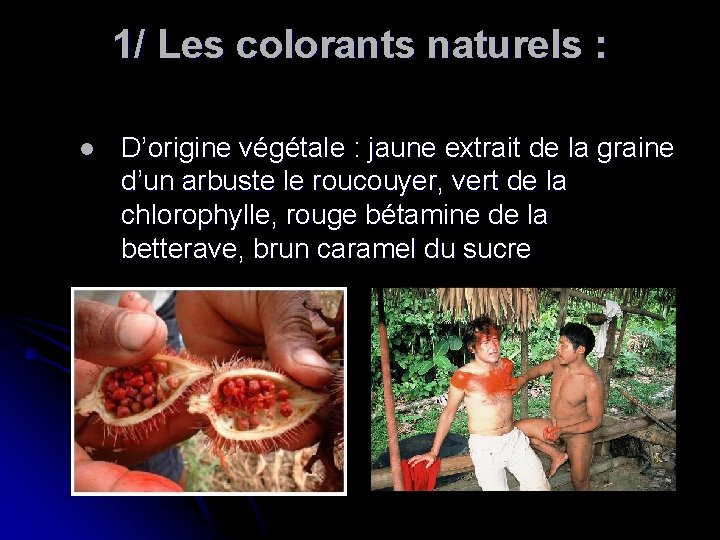 1/ Les colorants naturels : l D’origine végétale : jaune extrait de la graine