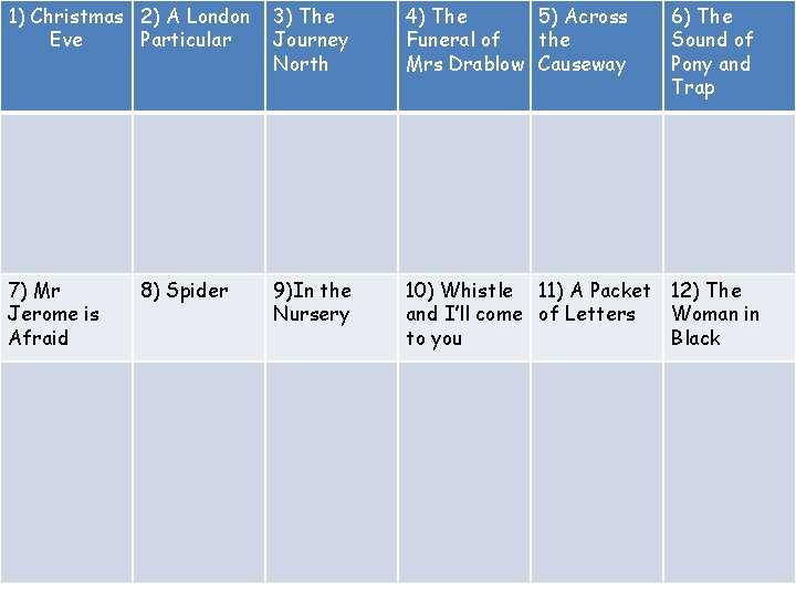 1) Christmas 2) A London Eve Particular 3) The Journey North 4) The 5) 1) Christmas 2) A London Eve Particular 3) The Journey North 4) The 5)