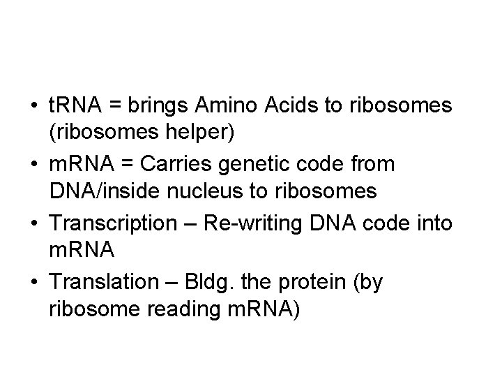  • t. RNA = brings Amino Acids to ribosomes (ribosomes helper) • m.