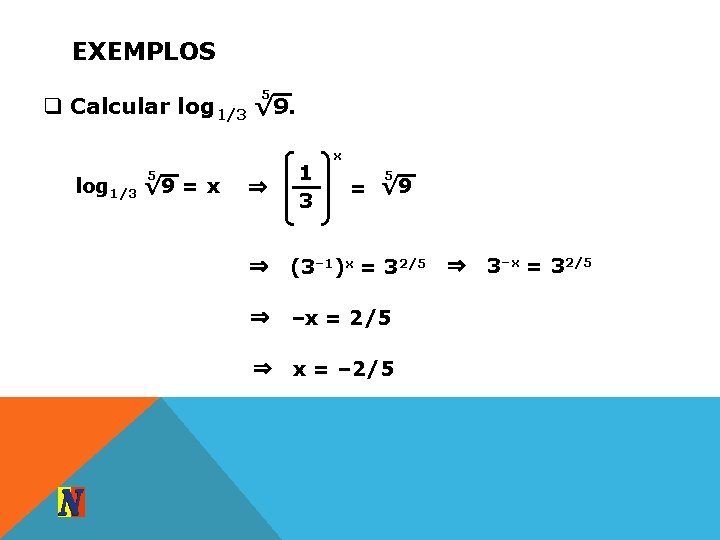 EXEMPLOS 5 q Calcular log 1/3 √ 9. 5 log 1/3 √ 9 =