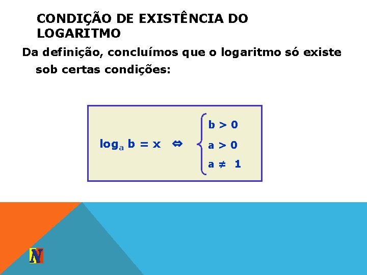 CONDIÇÃO DE EXISTÊNCIA DO LOGARITMO Da definição, concluímos que o logaritmo só existe sob