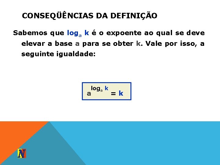 CONSEQÜÊNCIAS DA DEFINIÇÃO Sabemos que loga k é o expoente ao qual se deve