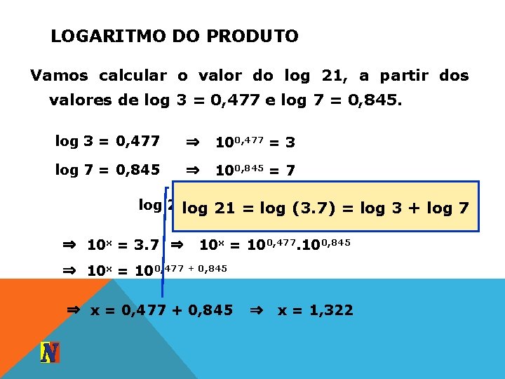 LOGARITMO DO PRODUTO Vamos calcular o valor do log 21, a partir dos valores