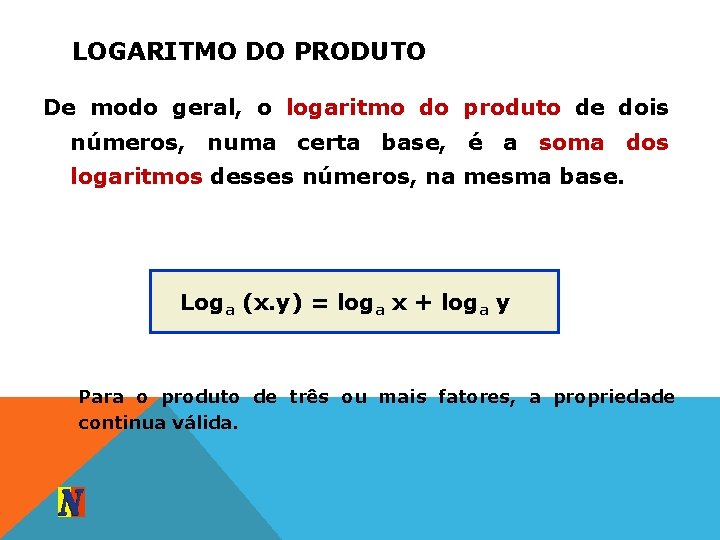 LOGARITMO DO PRODUTO De modo geral, o logaritmo do produto de dois números, numa