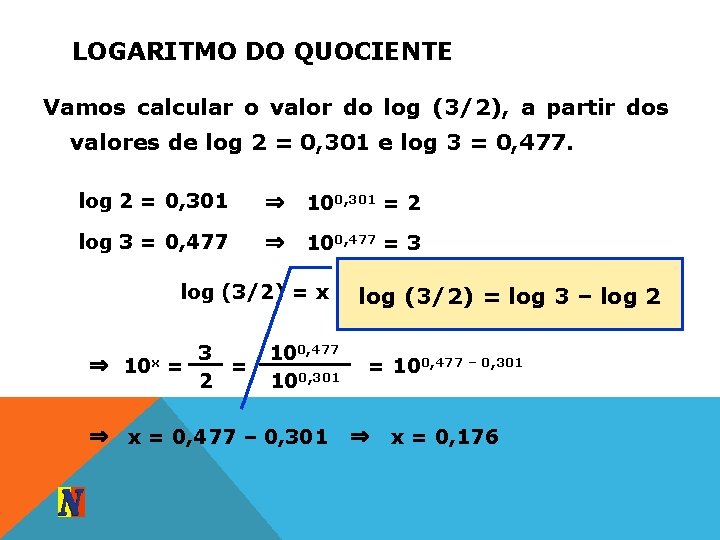 LOGARITMO DO QUOCIENTE Vamos calcular o valor do log (3/2), a partir dos valores